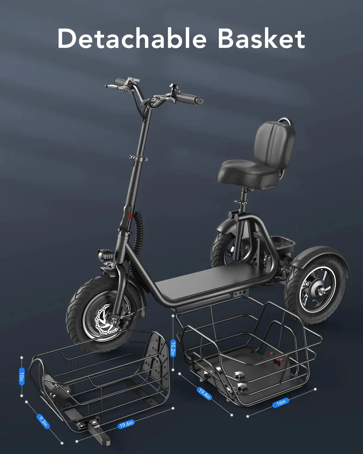 Gyroor C5 tricycle électrique 650 W panier 48 km